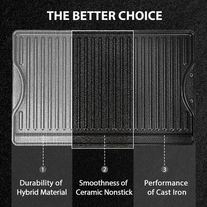 Utheer Nonstick Reversible Cast Iron Griddle 16.5" x 10.5", Ceramic Cooking Surface, Flat & Ribbed Sides, with High Sides & Grease Trap, Stovetop Griddle for Gas Grill, Charcoal, Oven & Outdoor BBQ