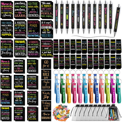 Pasimy 218 Pcs Inspirational Stationery Gifts Motivational Mini Notepad Pen Quote Bookmarks Stress Relief Stickers Inspiring Silicone Keychains for Home Office Appreciation Gift(Dark)