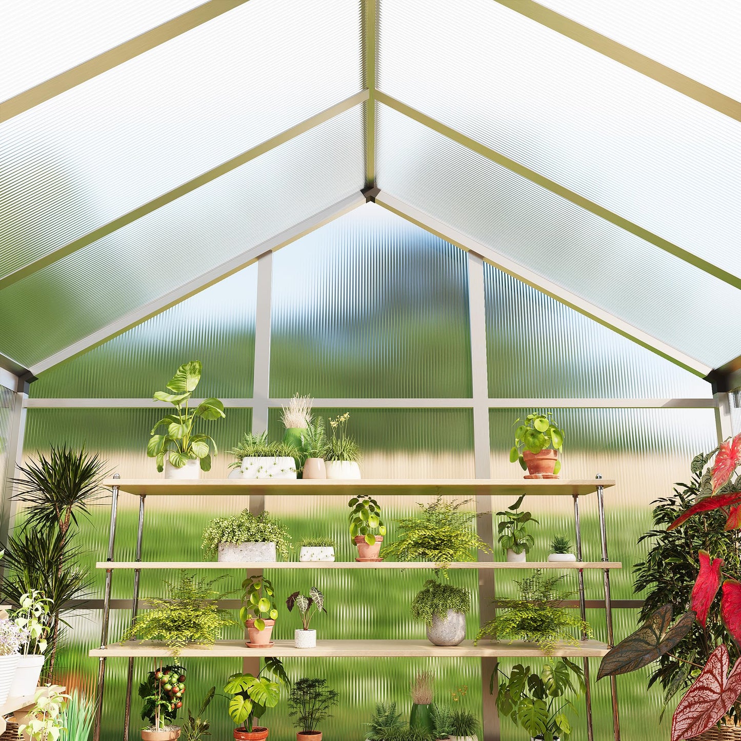 6X8FT Greenhouse, Aluminum Polycarbonate Outdoor Green House, Green Houses for Outside with Sliding Doors, Ajustable Roof Vent, Withstands Bad Weather for Garden, or Backyard, Silver