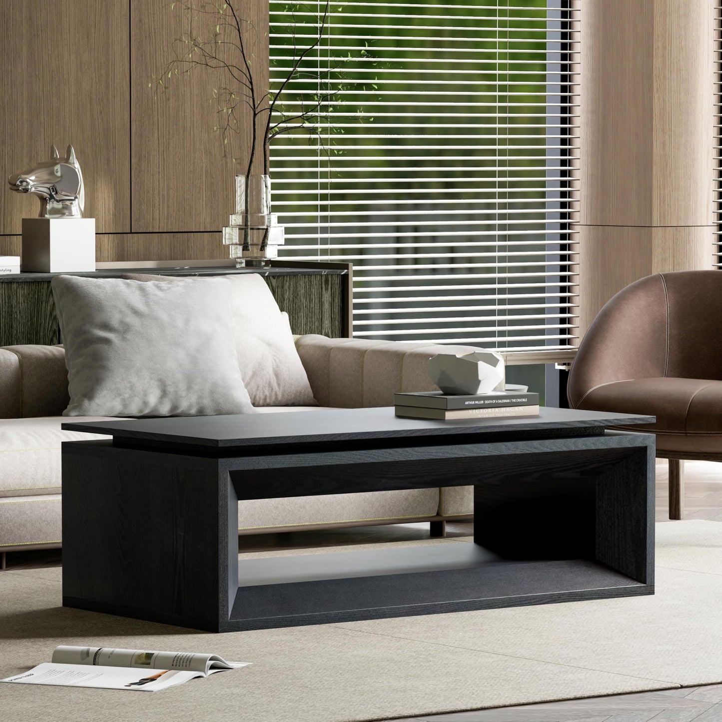 KEIKI 43.3" Lift-Top Coffee Table with Hydraulic Storage, Converts to Desk or Dining Table, Hidden Compartment, Open Shelf, Multifunctional Small Coffee Table for Living Room, Office, Black