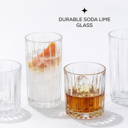 JoyJolt Drinking Glasses Set of 8, Alina Ribbed Glassware. 12oz Rocks Glass and 14oz Highball Glass set. Cocktail Glasses, Iced Coffee Cup or Water cups. Heavy Base Glassware Set