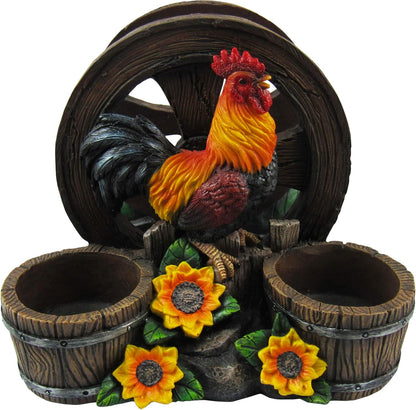 DWK - Country Diner - Rooster with Wagon Wheel Farm Barrel and Sunflowers Napkin Salt & Pepper Shaker Holder Home Décor Kitchen Accessory Dining Accent 3-Piece Set, 6-inch