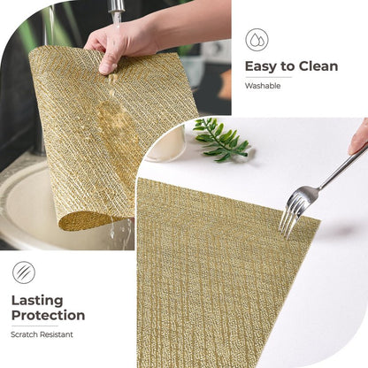 Leetaltree Gold Placemats Set of 4 - Heat Resistant Non-Slip Place mats for Dining Table, Washable Durable PVC Vinyl Woven Table Mats(Luxury Gold, 4)