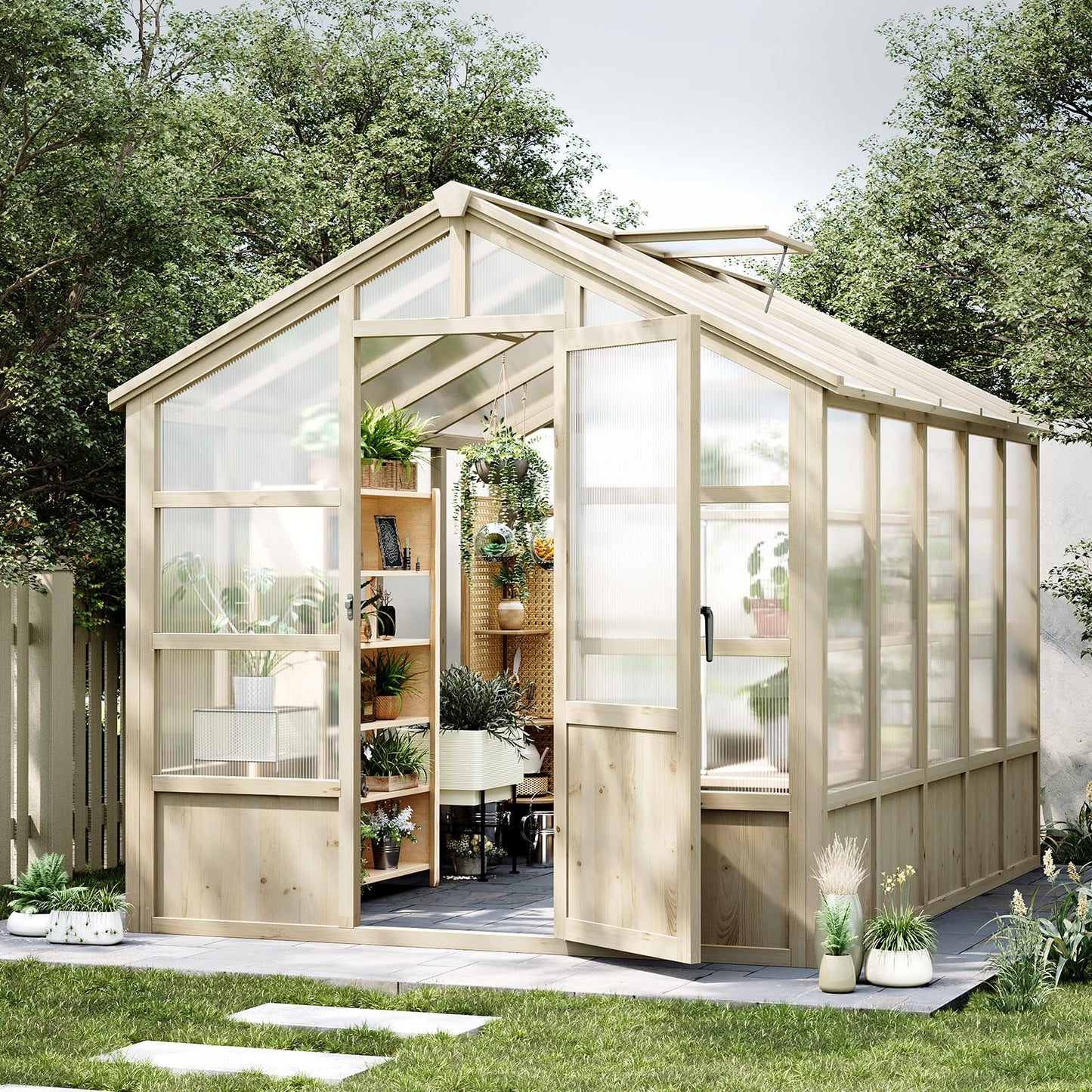Garvee 8x10 ft Wooden Greenhouse, Greenhouses for Outdoors with Lockable Door, Wood Frame & Adjustable Vent, Heavy Duty Greenhouse with Polycarbonate Panel for Outside, Garden, Yard, Light Brown