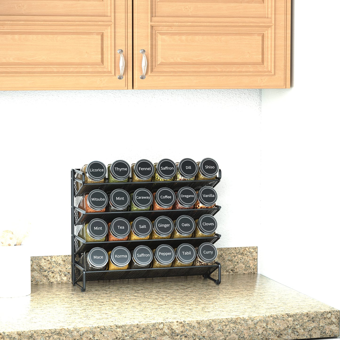 SpaceAid Spice Rack Organizer with 28 Spice Jars, 386 Spice Labels, Chalk Marker and Funnel Set for Cabinet, Countertop, Pantry, Cupboard or Door & Wall Mount - 28 Jars, 13.4" W × 10.8" H, Black