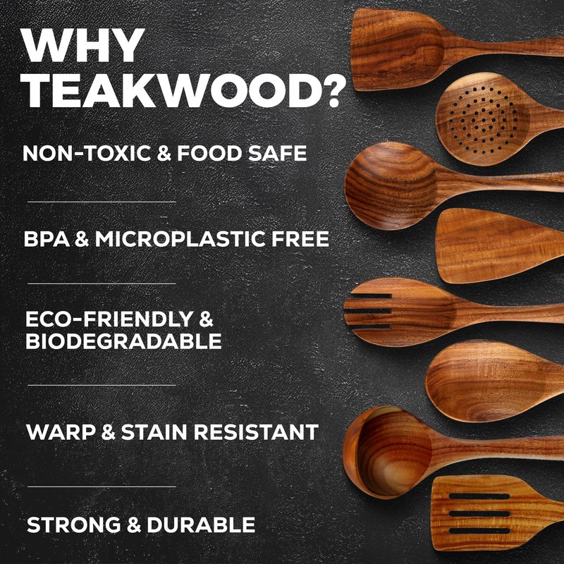 Zulay Kitchen 10-Piece Wooden Spoons for Cooking - Smooth Finish Teak Wooden Utensils for Cooking - Soft Comfort-Grip Wood Spoons for Cooking - Non-Stick Wooden Cooking Utensils - Wooden Spoon Sets