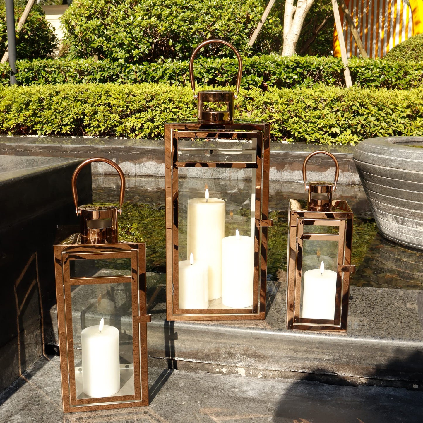 TRIROCKS Set of 3 Stainless Steel Candle Lantern 19'' High Metal Candle Holder with Clear Glass Panels Perfect for Home Decor Living Room Parties Events Tabletop Indoors Outdoors (Rose Gold)