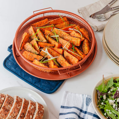 Chef Pomodoro Crisper Basket and Tray Set -2 Pieces, Large Plate for Oven with Air Fryer Option, Oil-Free Cookware Pan, Full Size Oven and Air Fryer Accessories for Any Kitchen, 12.2 inches (Copper)