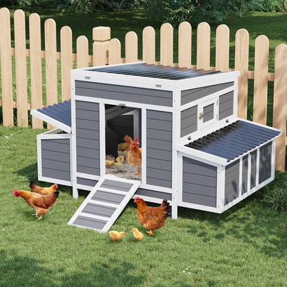 Wooden Chicken Coop, Large Chicken Coop for 4-6 Chickens, with 6 Nesting Boxes, Outdoor Poultry Cage Rabbit Cage with Ramps & Tray, 54.41" x 34.49" x 34.05"