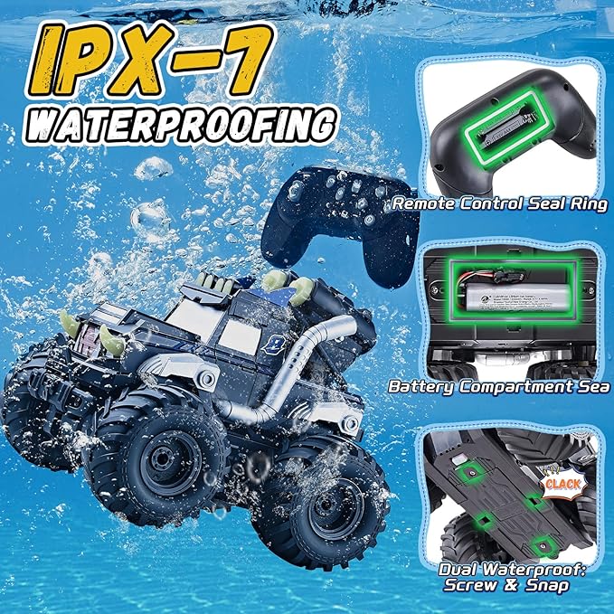 3-in-1 Amphibious Remote Control Car RC Boat/Water Gun 2.4GHz All Terrain Waterproof Monster Trucks for Boys Age 4-7 W/2 Batteries 70 min Birthday Gift Pool Toys for Kids Ages 4-8
