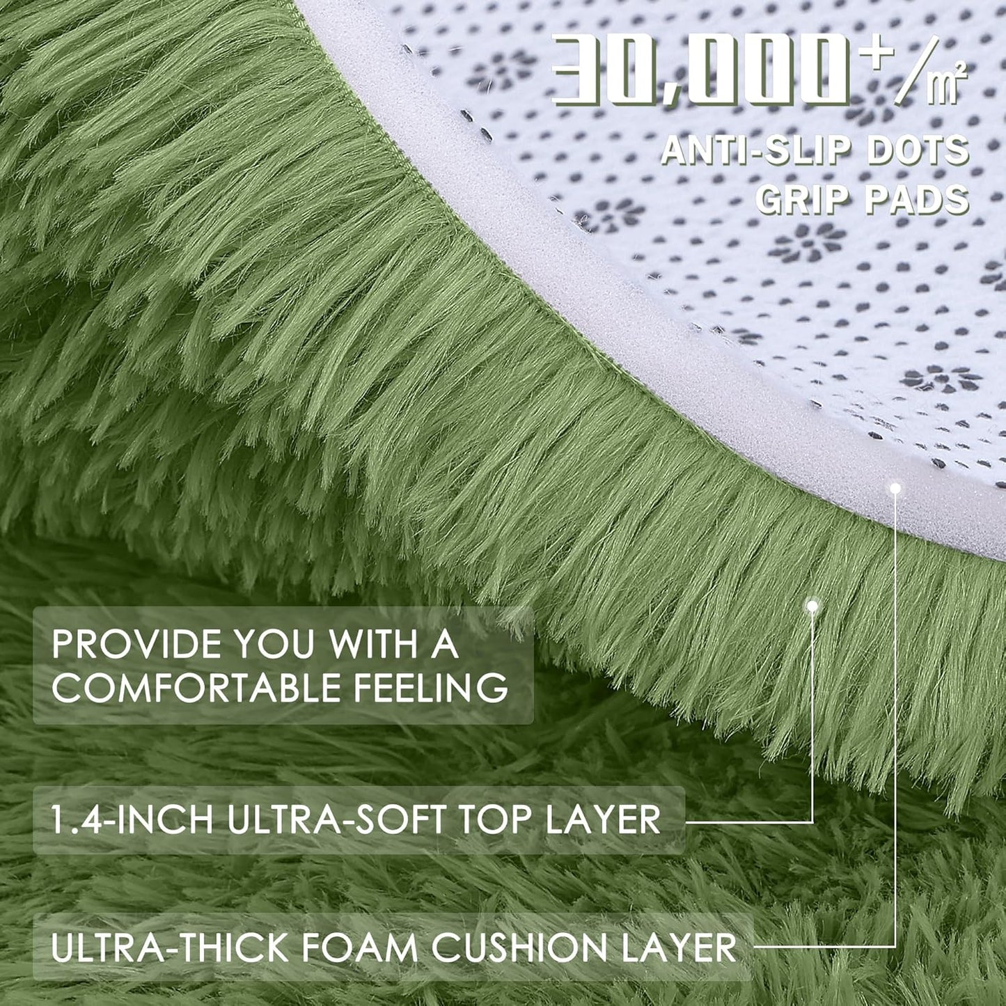 OLANLY Green Round Area Rug - Soft, Fluffy, Machine Washable 8 ft Circle Carpet for Bedroom & Living Room