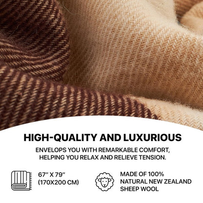 Cozy Blankets - New Zealand Virgin Wool Throw Blanket, Indoor and Outdoor Blankets and Throws, Comfortable Soft Blanket with Fringes and Tartan Pattern, 67 x 79 in, Queen Size, Brown