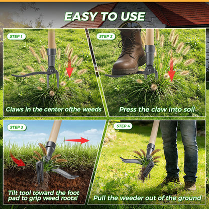 RexWeed Weed Puller Tool, Stand Up Heavy Duty Root Removal Tool with 4-Claw Head & Long Handle, Garden Hand Weeding Tool - Easily Remove Weeds Without Bending, Pulling,or Kneeling