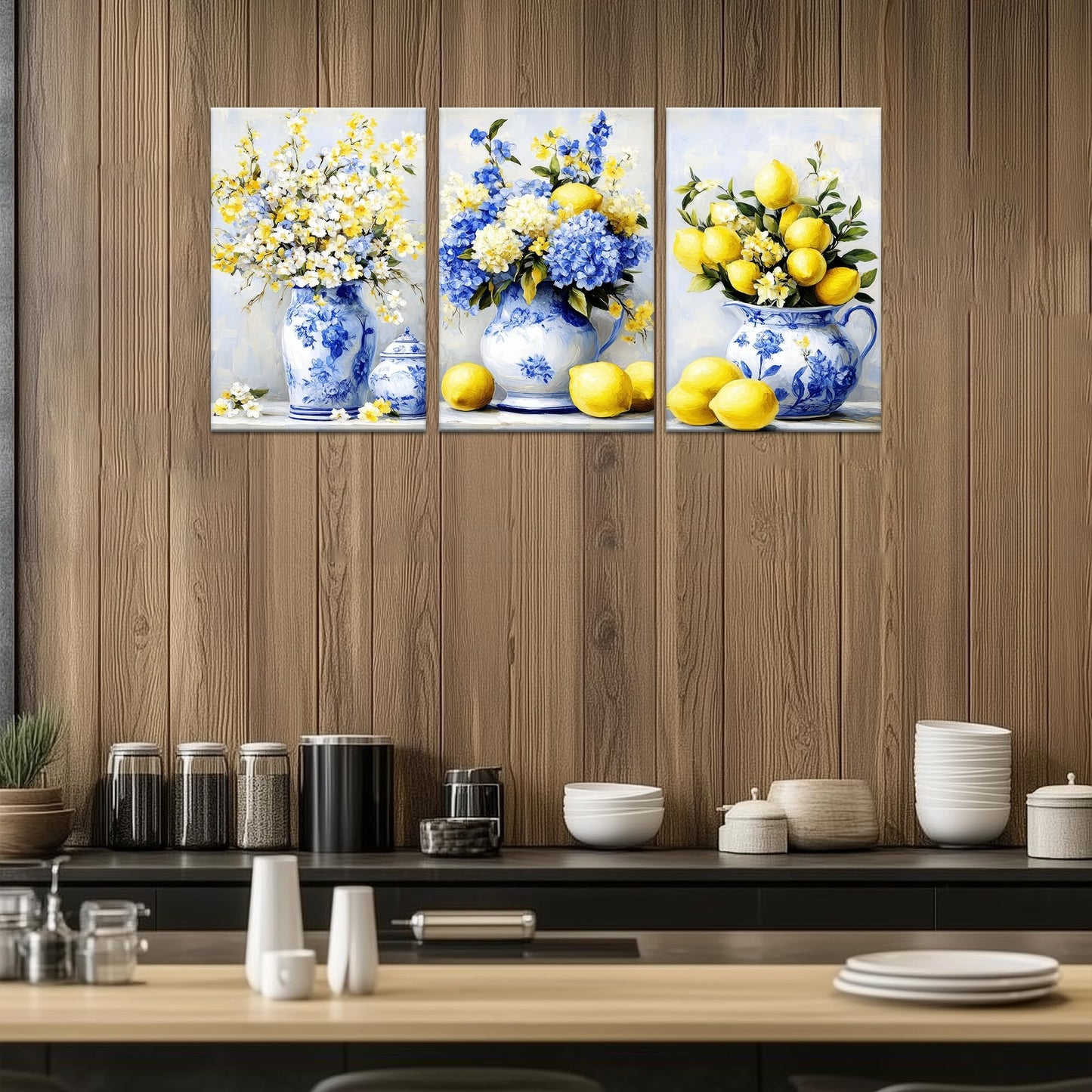 Hzddty Lemon Canvas Wall Art Set for 3, Rustic Blue and Yellow Still Life Paintings, Flower Wall Decor for Kitchen Bathroom Living Room, Framed Canvas Prints Home Decor 18L x 12W x 3