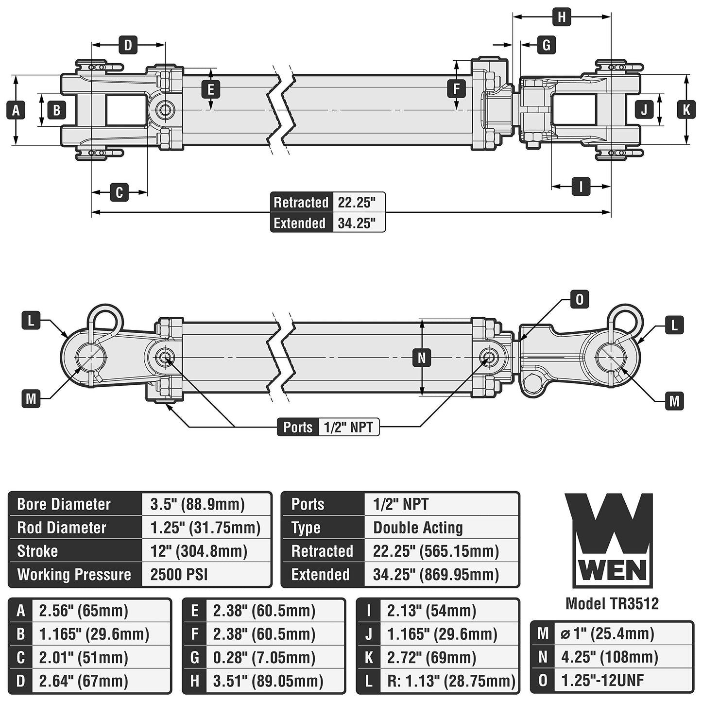 WEN TR3512 2500 PSI Tie Rod Hydraulic Cylinder with 3.5 in. Bore and 12 in. Stroke