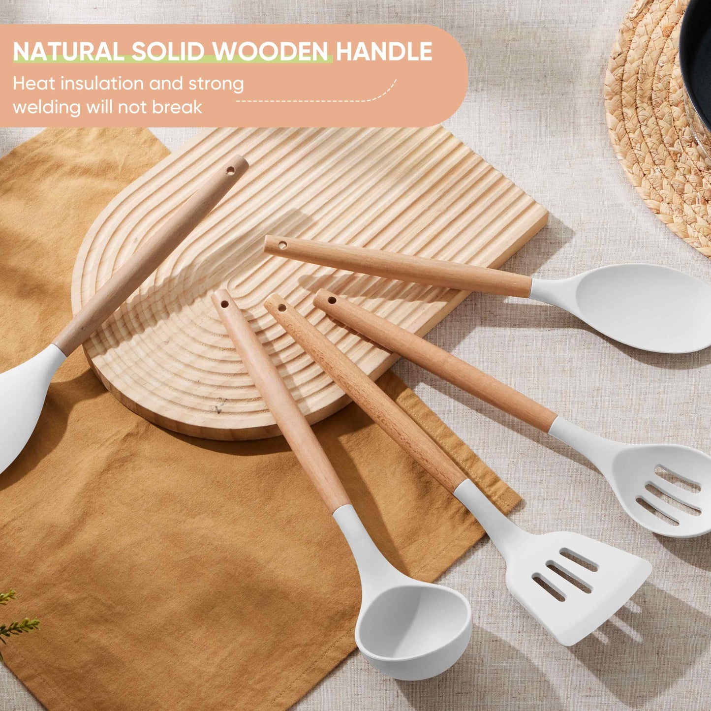Herogo 8 Pcs Non-Stick Silicone Cooking Utensils Set with Wooden Handle, Heat Resistant Food-Grade Kitchen Utensils Set, Includes Spatula Spoon Turner Server Whisk Ladle for Baking, Cooking (White)
