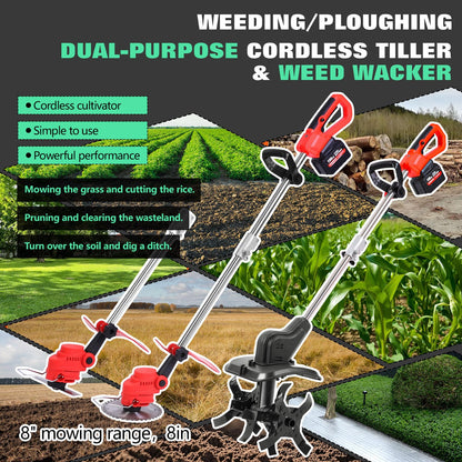 Cordless 2-in-1 Tiller & Weed Whacker Combo, 800W Brushless Motor, 12"x9" Rototiller, 8" Trimmer, 2x21v 6.0Ah Battery, Electric Weed Eater & Garden Tiller, Perfect for Lawn Care & Gardening Tools