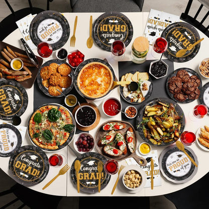 Graduation Party Supplies Congrats Grad Plates and Napkins Set Disposable Tableware Paper Plates Napkins Cup Knive Spoon Fork Straw for Class of 2026 Graduation Party Decorations Serve 100(Black Gold)