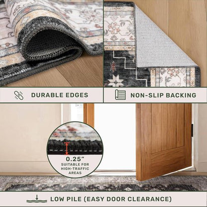 Boho Black Rug - Washable 10x14 Area Rug | Soft Low Pile Carpet for Living Room & Dining Room - Non-Slip, Stain Resistant