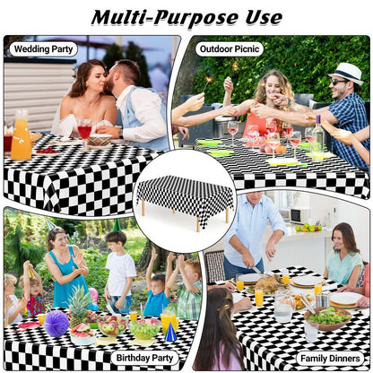 QZYL 4Pack Plastic Table Cloth Disposable, 54" x 108" Waterproof Tablecloths Rectangular, Black and White Checkered Table Cover for Picnic Birthday Party Supplies Outdoor Gathering BBQ Holiday Dinner