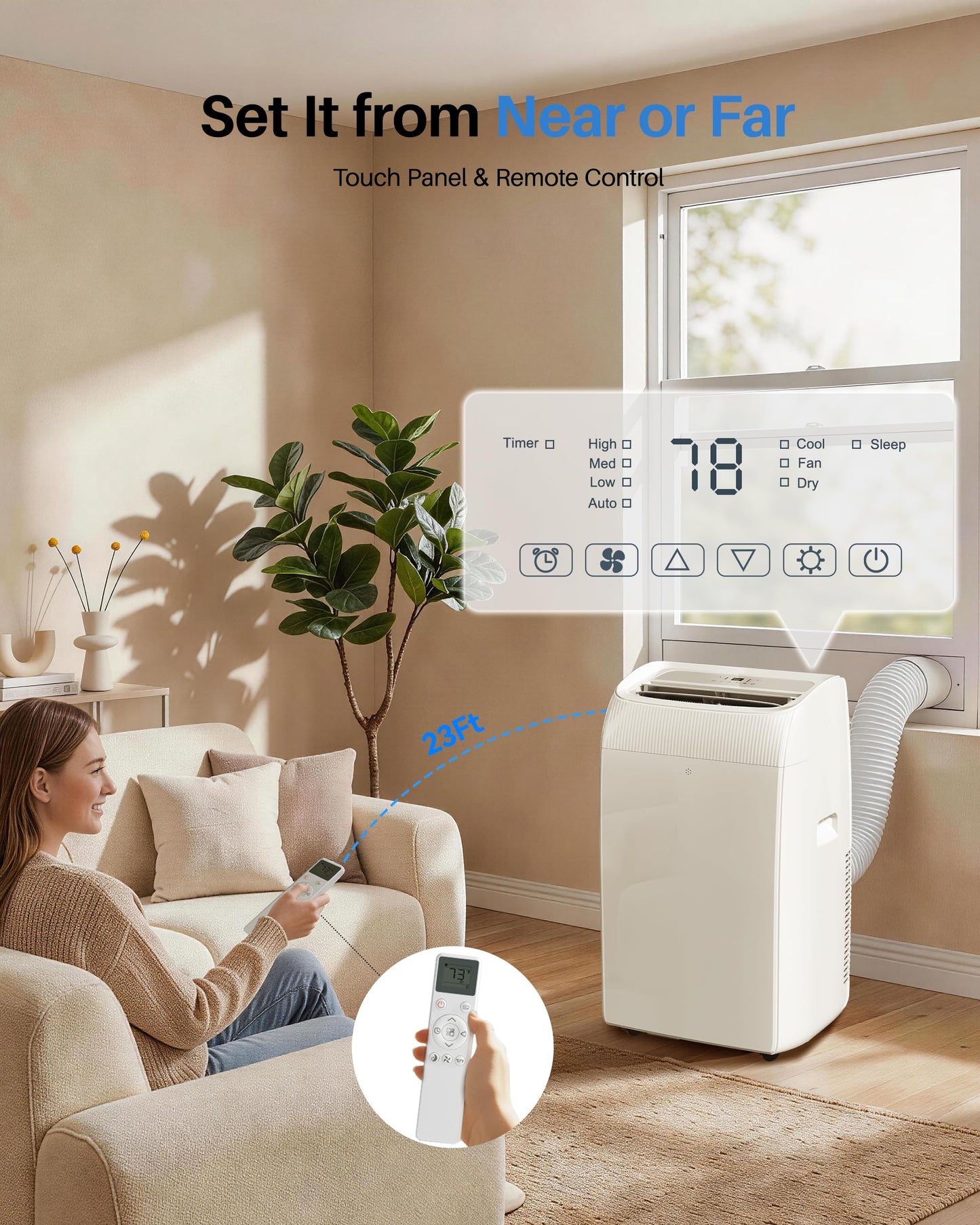 Feelfunn 14,000 BTU Portable Air Conditioner - Multi-Function Portable AC Unit Cools Up to 700 Sq. Ft., with Ultra-Quiet(42db), Auto Swing, 24H Timer, AC Unit for Bedroom, Dorm, Apartment