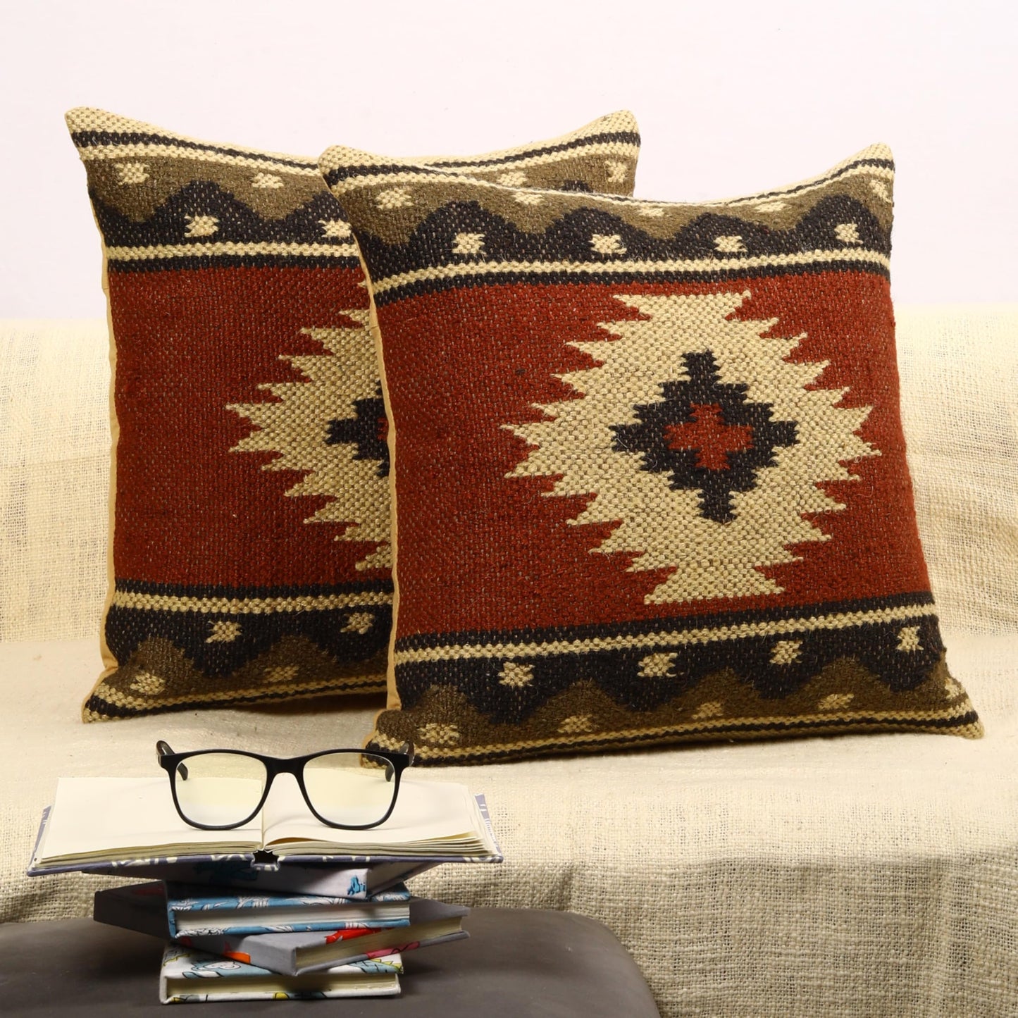 Trade Star 70% Jute 30% Wool Pillow Shams Handloomed Rug Decorative Cushion Case Set of 2 Kilim Cushion Cover Throw Pillow Cover Handwoven Pillowcase 18x18 Inches Designer Cushion Cover (Kilim 12)