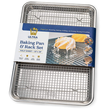 Ultra Cuisine Aluminum Baking Sheet with Stainless Steel Cooling Rack Set -Half Sheet Size Pan 13 x 18 inch, Durable Rimmed Sides, Easy Clean, Commercial Quality for Cooking and Roasting