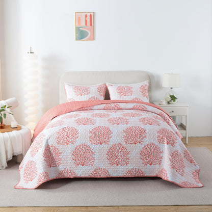 Soul & Lane Coastal Quilt Set - Twin and 1 Sham, Quilted Coastal Bedspread with Beach Theme, Ocean Bedding Set, Summer Nautical Quilt, Beachy Comforter with Tropical Motif, Sea of Coral