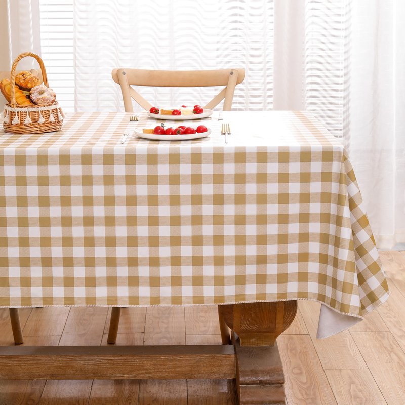 Heavy Duty Vinyl Tablecloth with Flannel Backing Waterproof Oil-Proof Plastic Table Cloth Stain-Resistant Wipeable Rectangle or Square Table Cover for Indoor and Outdoor (Khaki Checkered, 52x70 Inch)