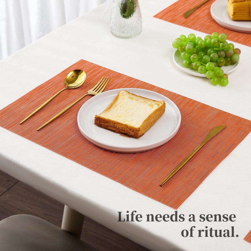 Leetaltree Orange Placemats Set of 6 - Heat Resistant Non-Slip Place mats for Dining Table, Washable Durable PVC Vinyl Woven Table Mats（Orange, 6）