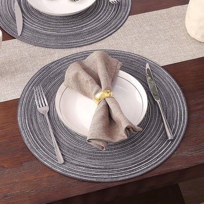 SHACOS Round Braided Placemats Set of 8 Round Table Mats for Dining Tables Non Slip Washable (Black Grey, 8)