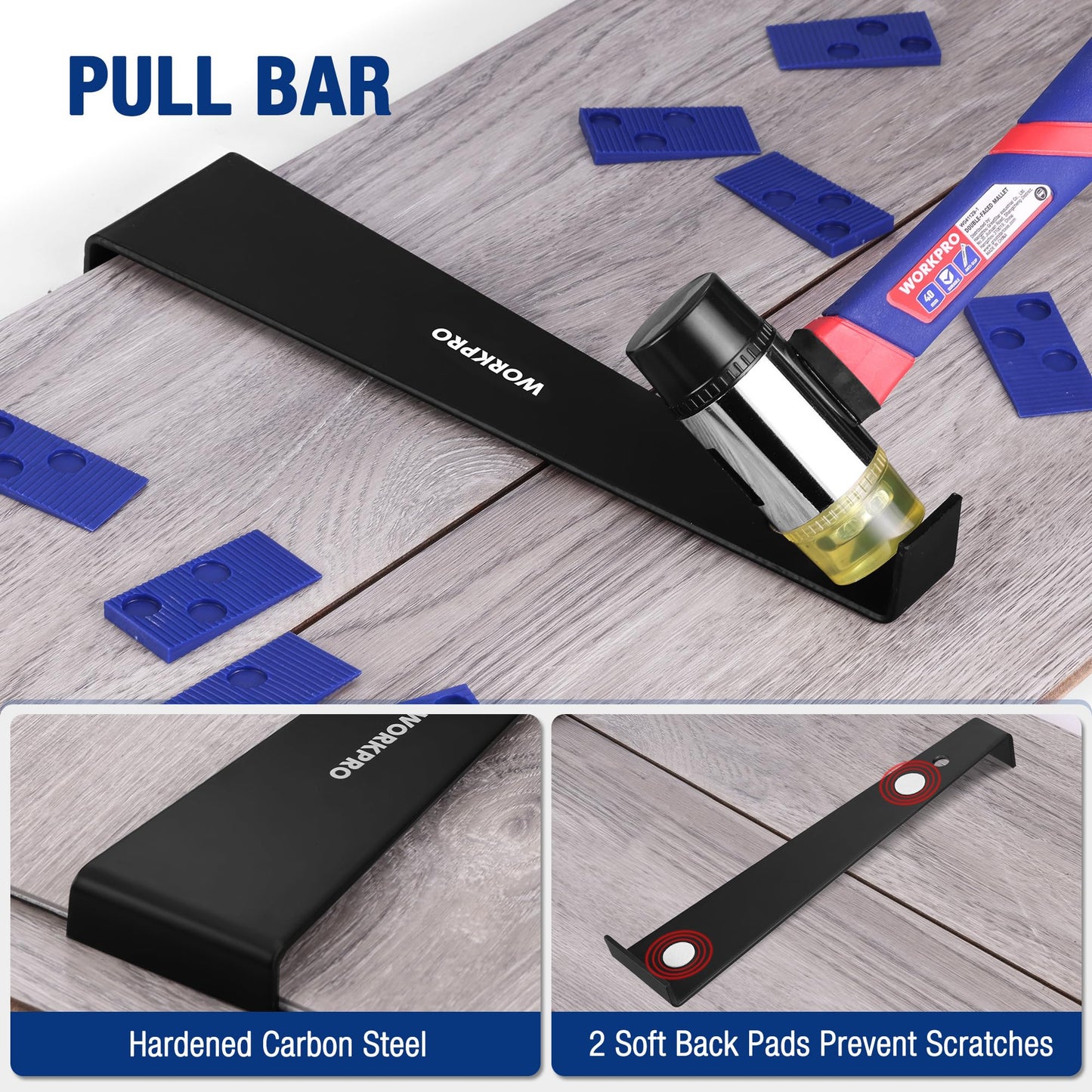 WORKPRO 63-Piece Laminate Flooring Tools, 5-in-1 Vinyl & LVP Flooring Installation Kit with Tapping Block with Handle, Heavy Duty Pull Bar, Double-Faced Mallet & 60-Piece Spacers for Pros & DIY Users