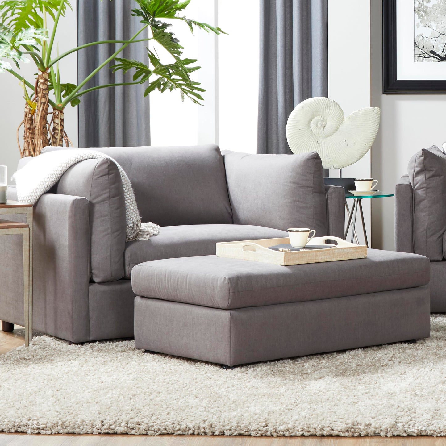 Roundhill Furniture Enda Oversized Living Room Pillow Back Cuddler Arm Chair with Ottoman, Carbon Gray