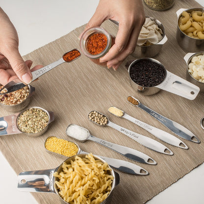 13-piece Measuring Cups and Spoons Set, 18/8 Stainless Steel Heavy Duty Ergonomic Handle with Ring Connector, Silver