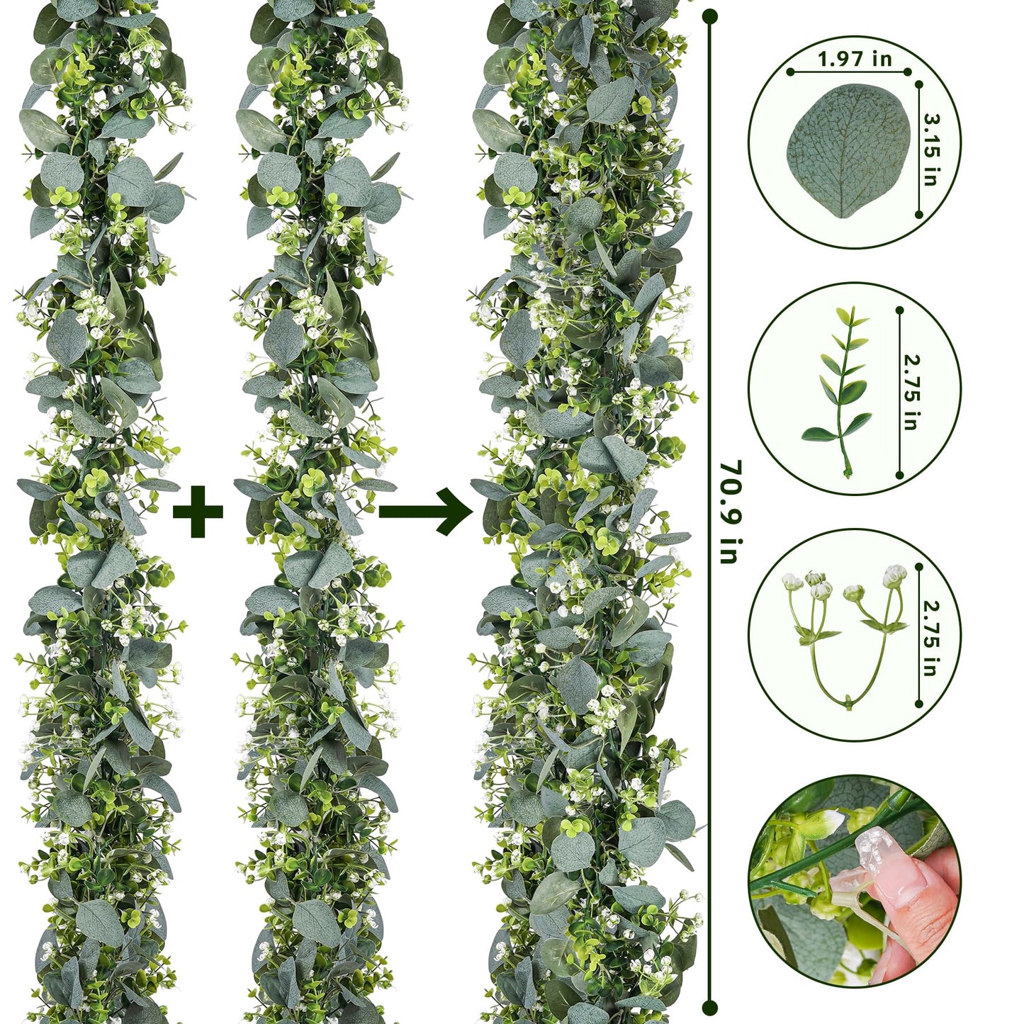 BonBloom's 8 Packs Artificial Eucalyptus Garland with White Flowers 5.9Ft Faux Greenery Garland Vines Spring Garlands for Bedroom Centerpieces Table Wedding Backdrop Arch Mantle Room Decor