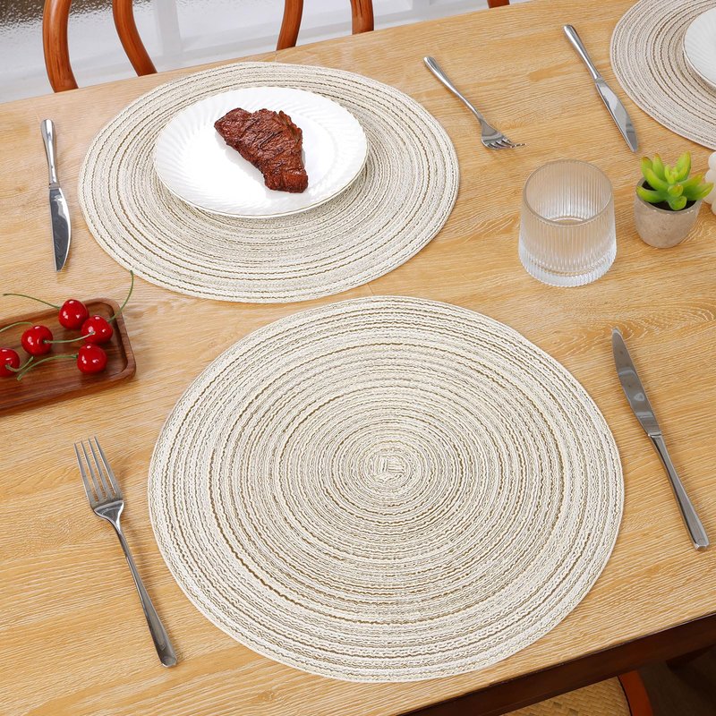SHACOS Round Braided Placemats Set of 4 Washable Table Placemats Cotton Polyester Place Mats 15 inch Circle Table Mats for Holiday Party (Ivory, 4)