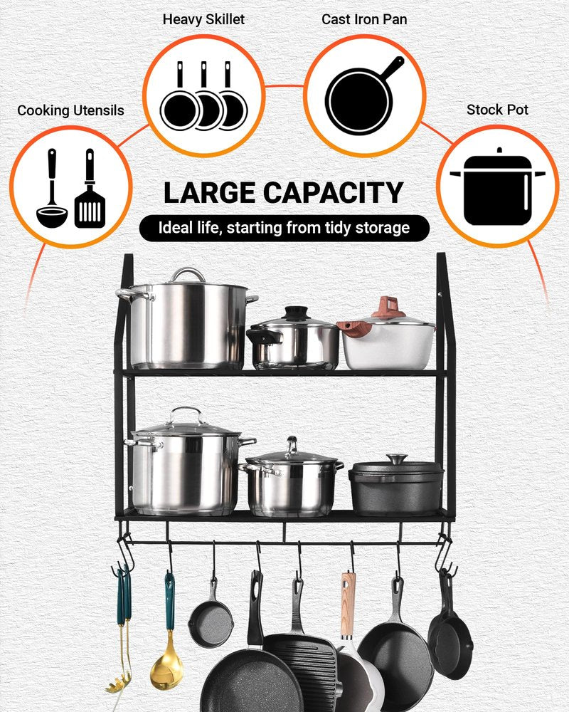 Hoooh 30-Inch Wall Mount Pot Racks - 2-Tier Pot Rack Pan Hanger for Kitchen Storage and Organization - Matte Black Cookware Hanging Shelves with 10 Hooks