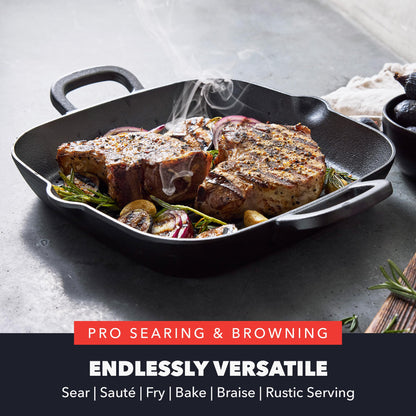 GreenPan x Bobby Flay Cast Iron 11” Square Grill Pan, Pre-Seasoned Professional Grade Heavy Duty Skillet, Helper Handles, Induction Suitable, Stovetop, Oven, BBQ & Fire, Indoor & Outdoor Use, Black