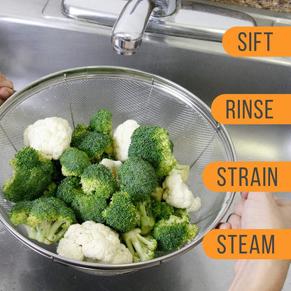 U.S. Kitchen Supply Set of 3 Stainless Steel Colander Strainers Net Baskets 5, 4, & 3-Quart - Colander with Handles & Resting Base - Stainless Steel Sieve, Mesh Strainers and Colanders for Kitchen