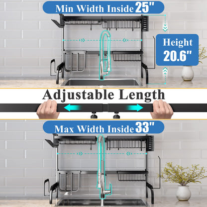 Over The Sink Dish Drying Rack, Adjustable (25.5 to 33.5 inch) 2 Tier Dish Drying Racks for Kitchen Counter with Paper Towel Holder Cup Utensil Holder ChoppingBoard Holder Sink Caddy Hooks, Black