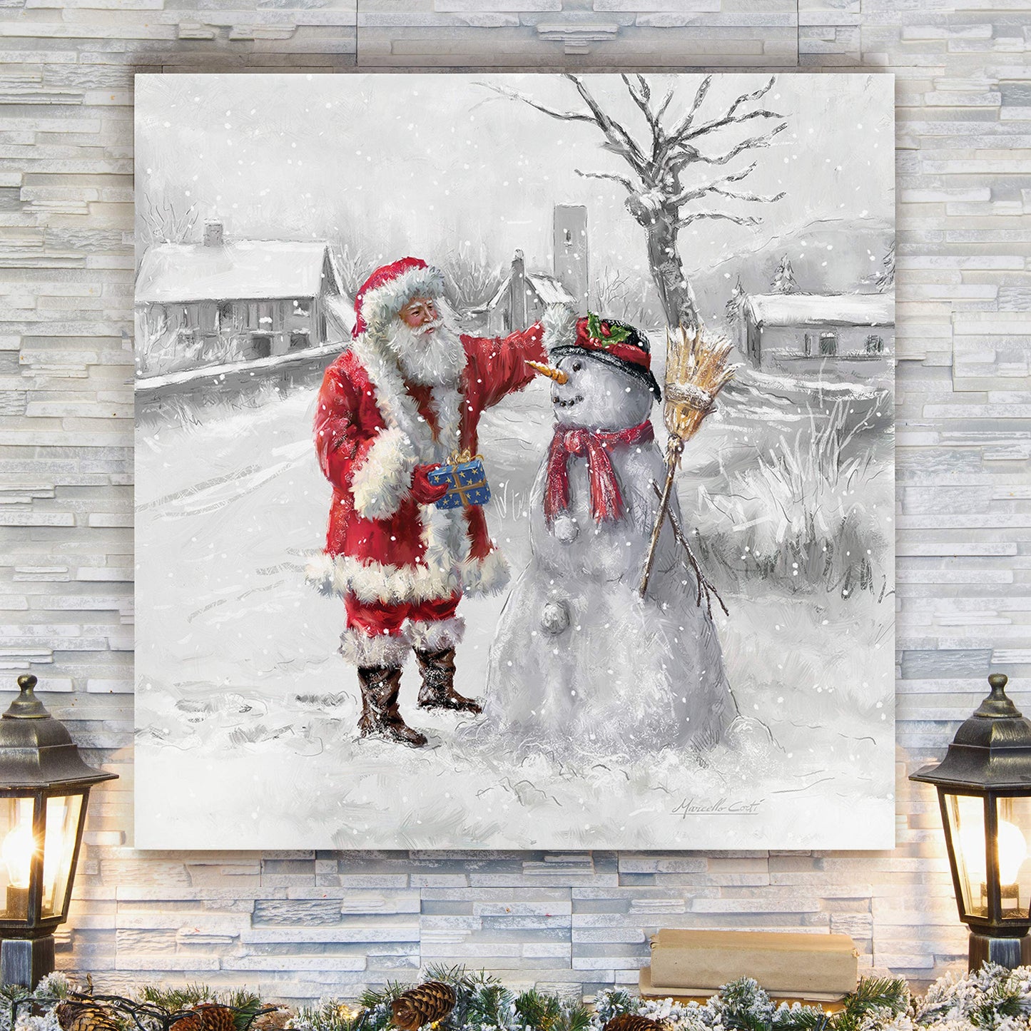 Renditions Gallery Xmas Canvas Paintings for Home Decorations Joyful Santa with Snowman in in Winter Snow Abstract Wall Art for Dining Living Room Kitchen Decor - 32"X32" LT05