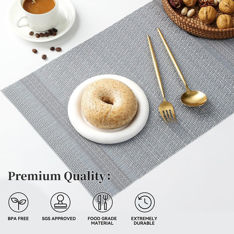 Leetaltree Lunar Grey Placemats Set of 6 - Heat Resistant Non-Slip Place mats for Dining Table, Washable Durable PVC Vinyl Woven Table Mats（Lunar Grey, 6）