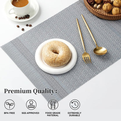 Leetaltree Lunar Grey Placemats Set of 12 - Heat Resistant Non-Slip Place mats for Dining Table, Washable Durable PVC Vinyl Woven Table Mats（Lunar Grey, 12）