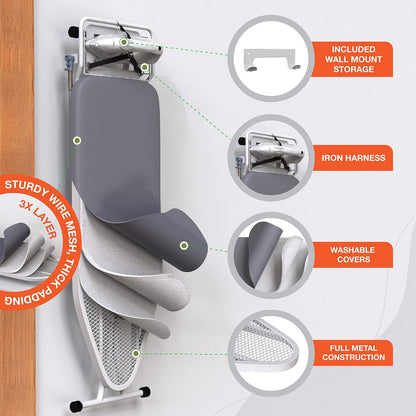 Xabitat Full Size Ironing Board - 57" X 18" | Durable Metal Construction with Wall Mount Hanger & Iron Caddy