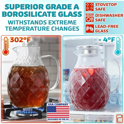 Premium Borosilicate Glass Pitcher with Lid and Spout - 2 Liter / 68 oz, Borosilicate Glass with Handle - Carafe for Hot/Cold Beverages - Water Jug - Iced Tea Pitcher - Juice Server