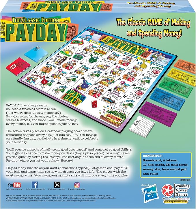 The Game of Pay Day with Popular 1970's Artwork by Winning Moves Games USA Where Players Make and Spend Money for Fun for 2-4 Players Ages 8+