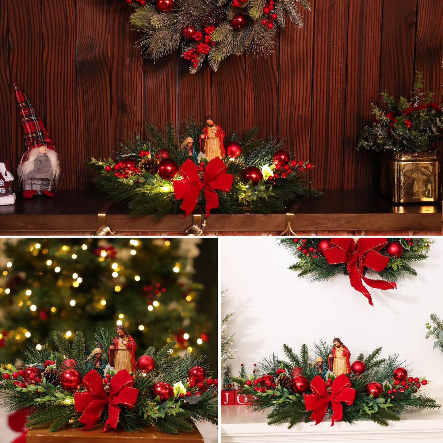 Christmas Table Centerpiece with LED Lights, Christmas Decoration with Red Jesus Pine Needle Ornament, Red Berry, Balls for Holiday Party, Home