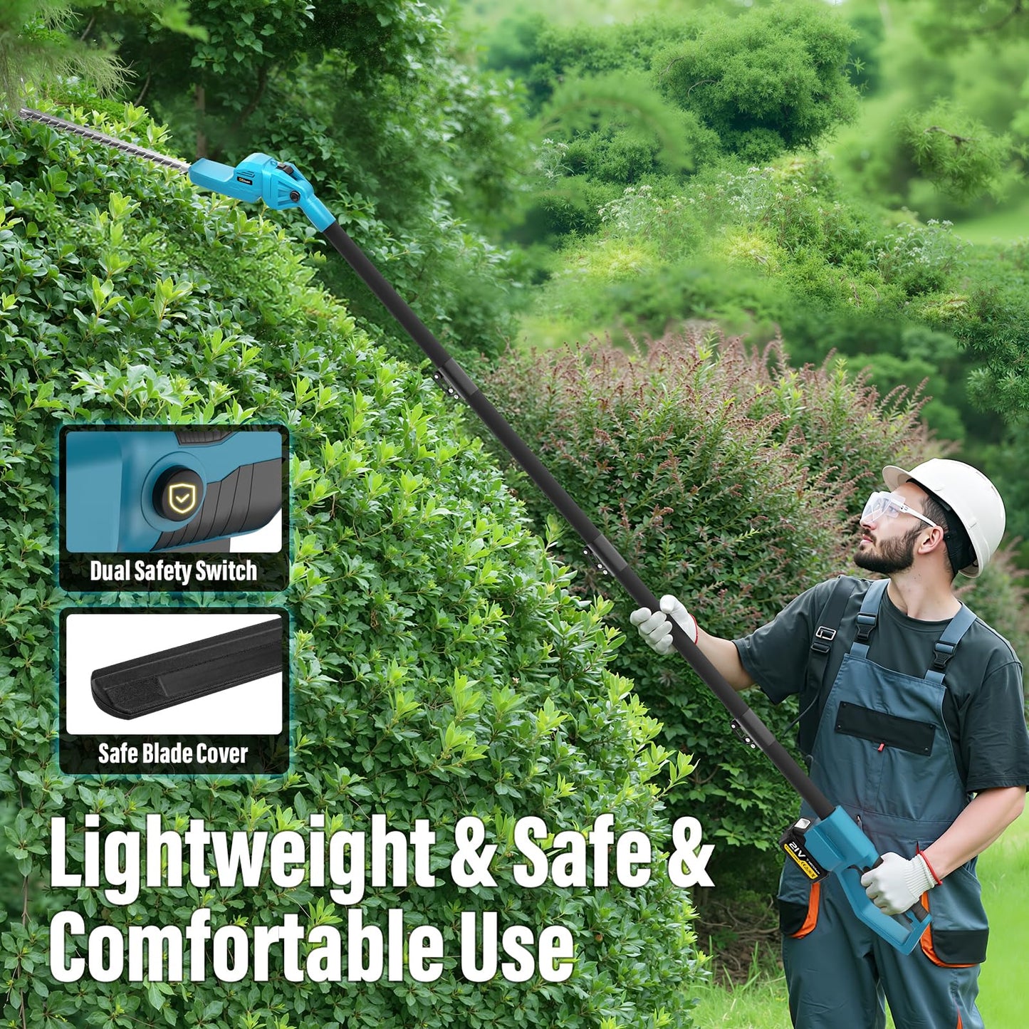 Brushless Pole Hedge Trimmer Cordless, 20.5" Dual-Action Blade，180° Adjustable Head Electric Bush Trimmer, 2×4000mAh Batteries, Up to 14.9FT Reach Battery Powered Hedge Trimmers for Shrubs Pruning
