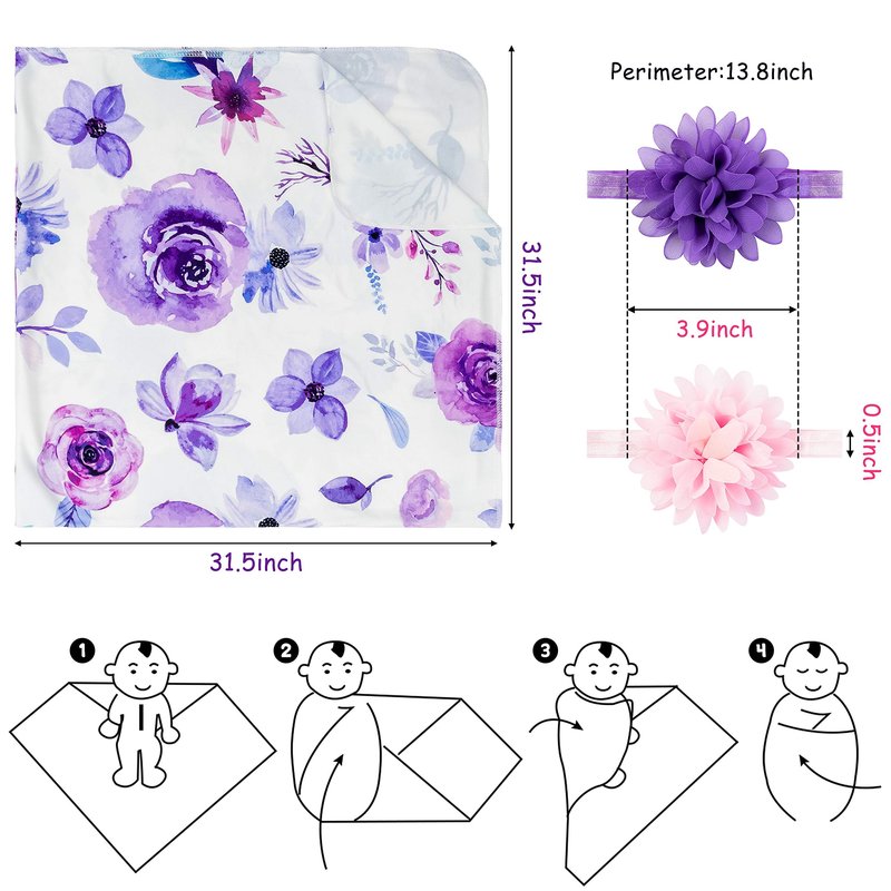 R HORSE Newborn Baby Swaddle Blankets Headband Sets Including 2 Pack of Floral Pattern Receiving Blanket & Headband for Baby Shower Newborn Gift (0-3 Months)