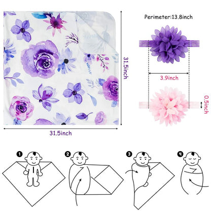 R HORSE Newborn Baby Swaddle Blankets Headband Sets Including 2 Pack of Floral Pattern Receiving Blanket & Headband for Baby Shower Newborn Gift (0-3 Months)